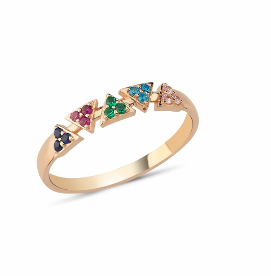 Renkli Geometrik 14 Ayar Altın Swarovski Taşlı Yüzük