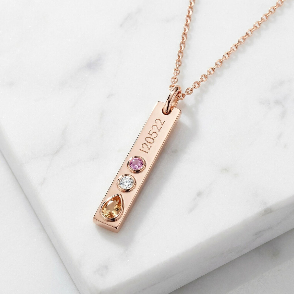 Kişiye Özel Doğum Taşı Kolyesi – Rose Gold Kaplama Gümüş Tarih Kolyesi