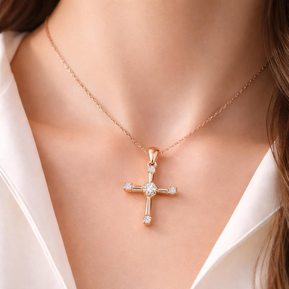 925 Ayar Gümüş Rose Gold Haç Kolye – Zirkon Taşlı Zarif ve Minimalist Tasarım